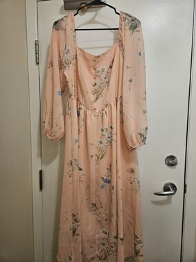 Peach Floral Maxi Dress with Puff Sleeves